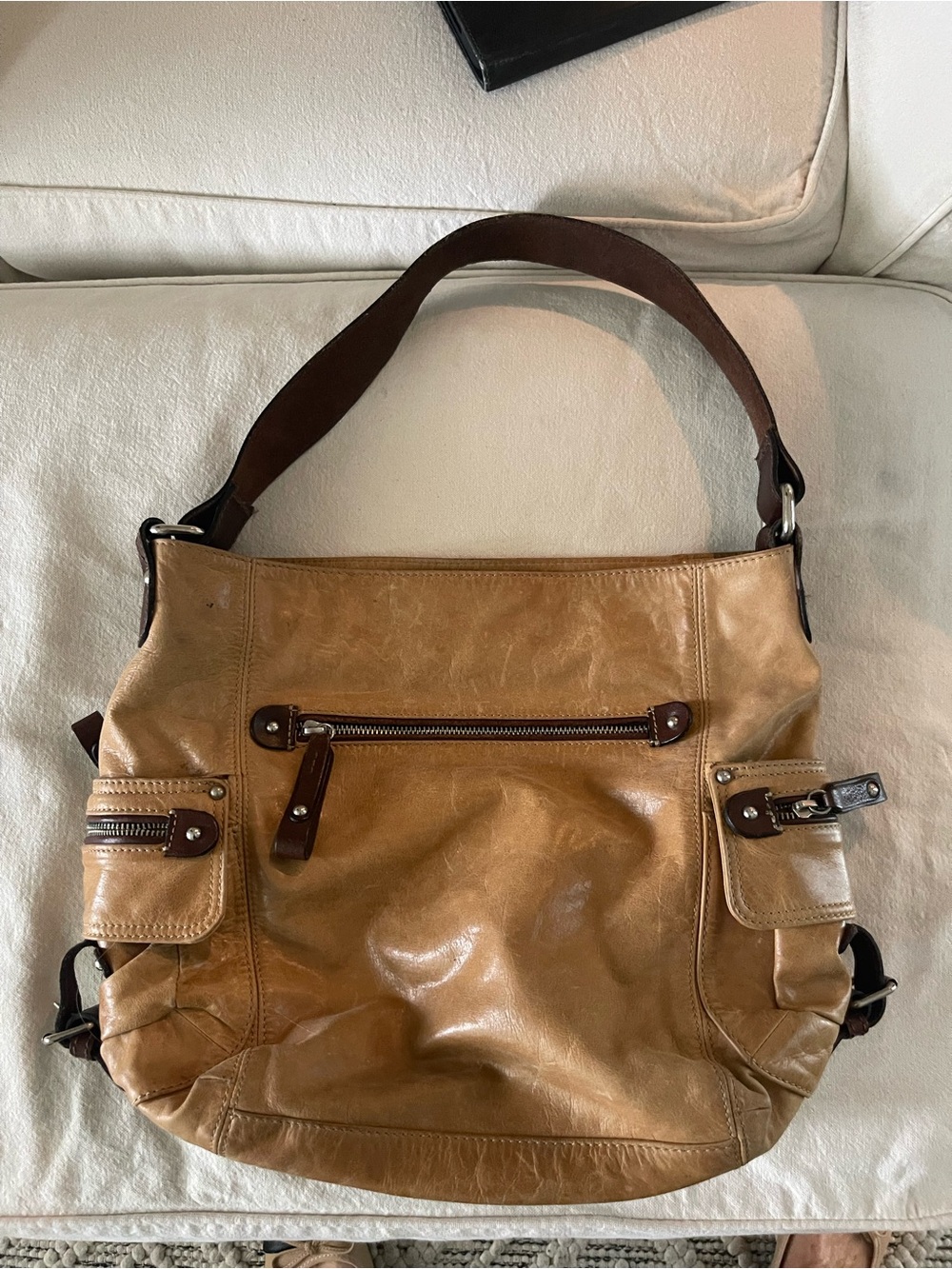 Tano Tan Leather Shoulder Bag with Dark Brown Accents